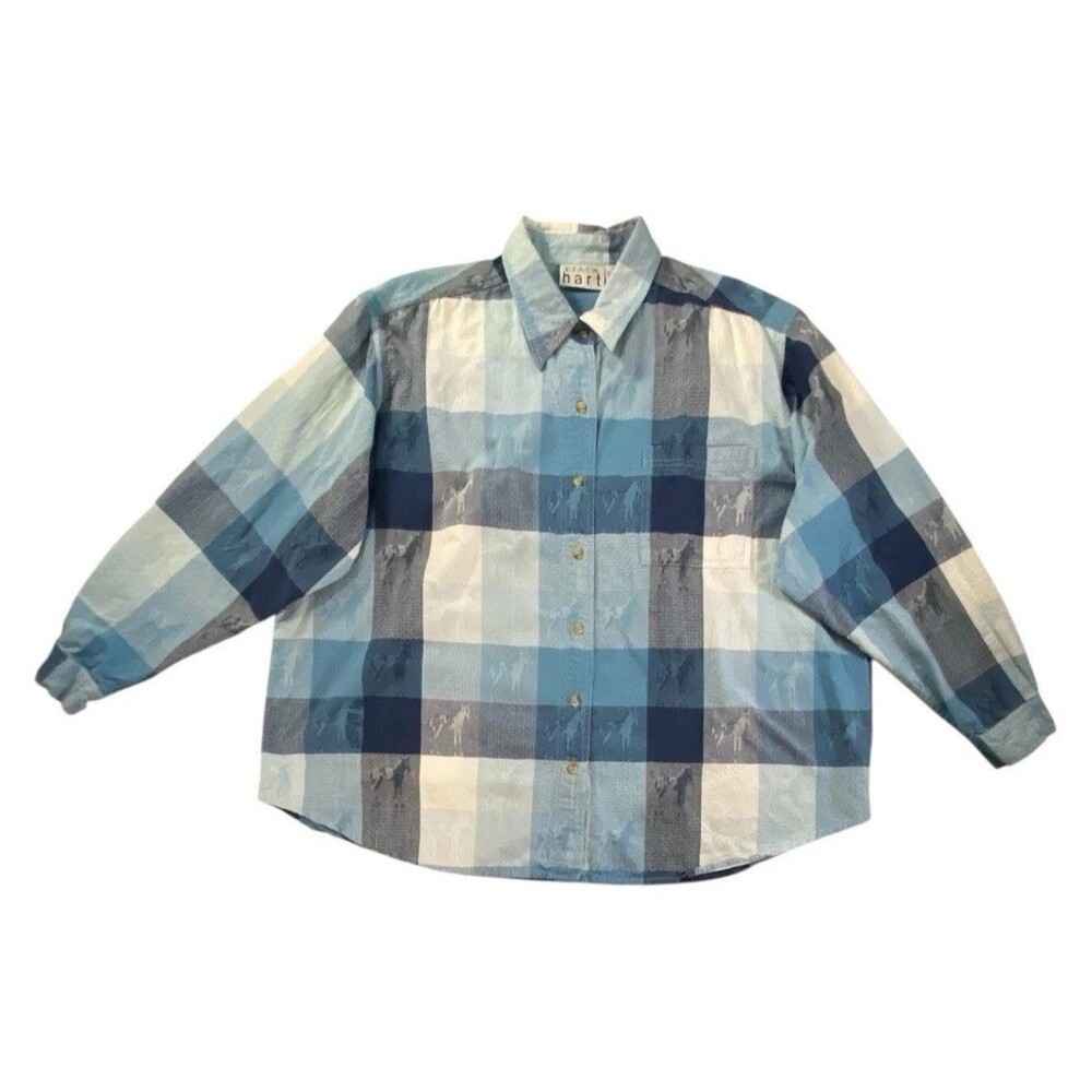 Keren Hart Womens 3X Blue Plaid Horse Jacquard Western Button Up Shirt VTG